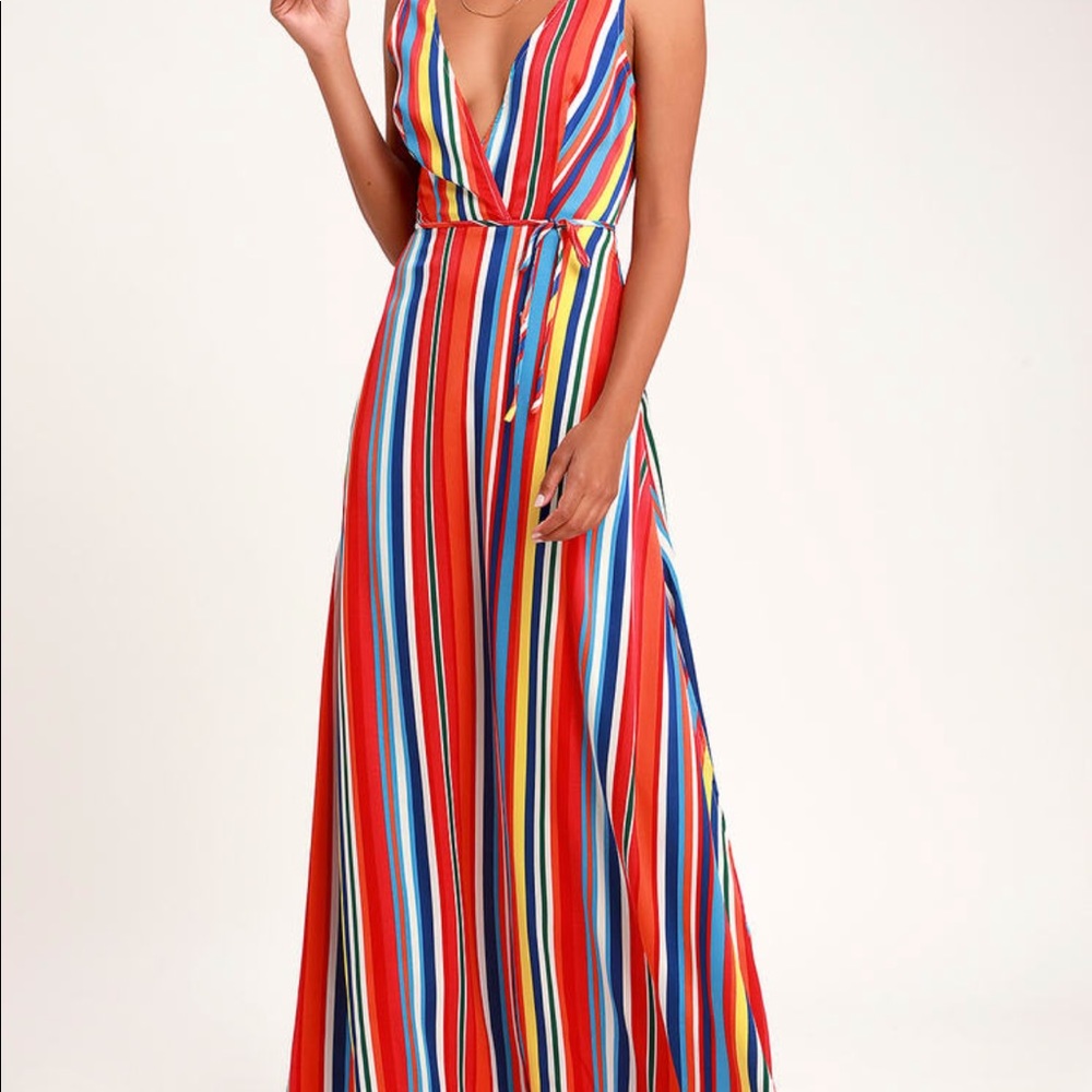 Lulus Elianna Rainbow Stripe Backless Maxi Dress